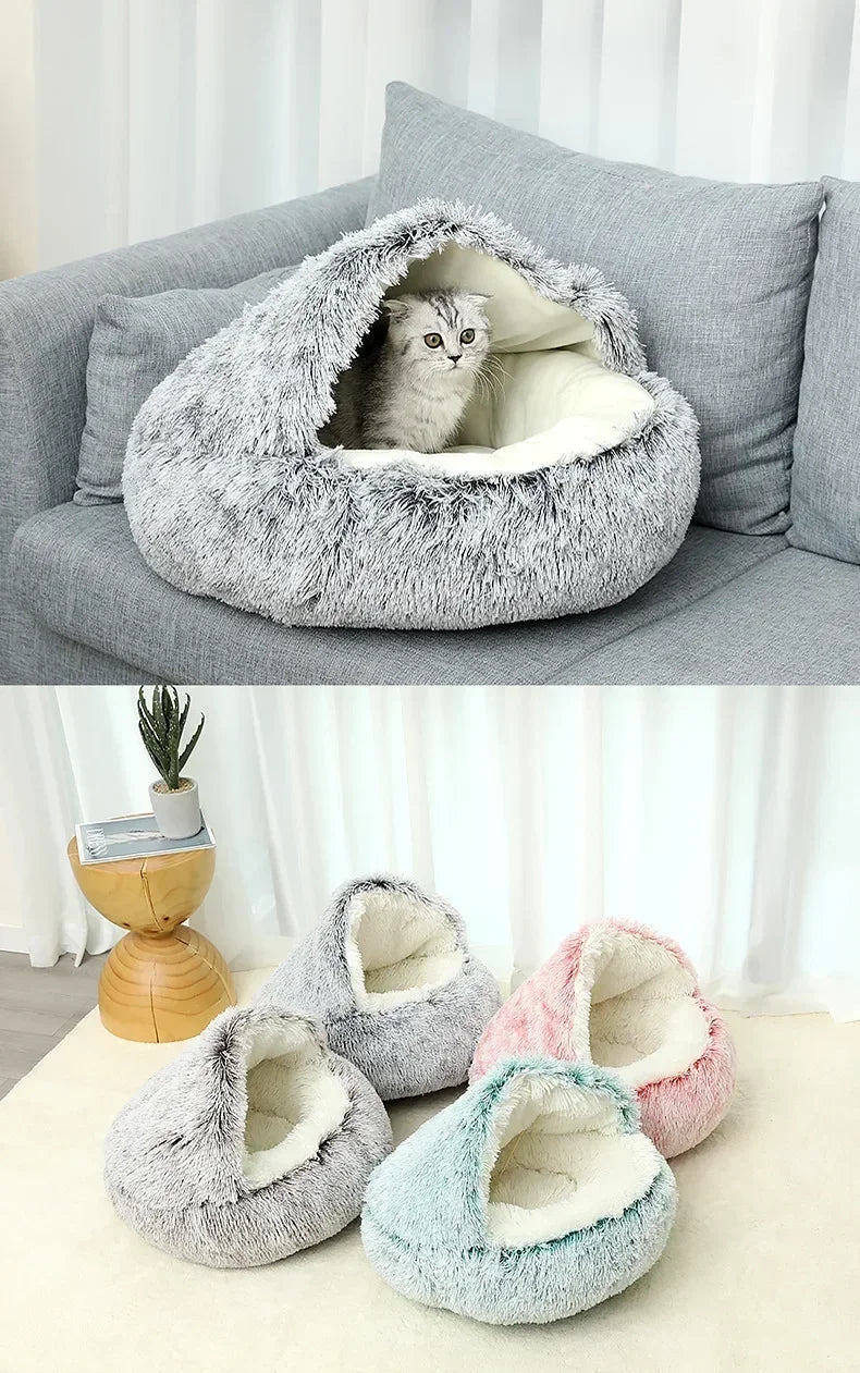 Round Plush Cat Bed Deep Sleep Bed for Cats Winter Warm Dog House Cushion Luxury Long Plush Kitten Puppy Sleeping Sofa Nest