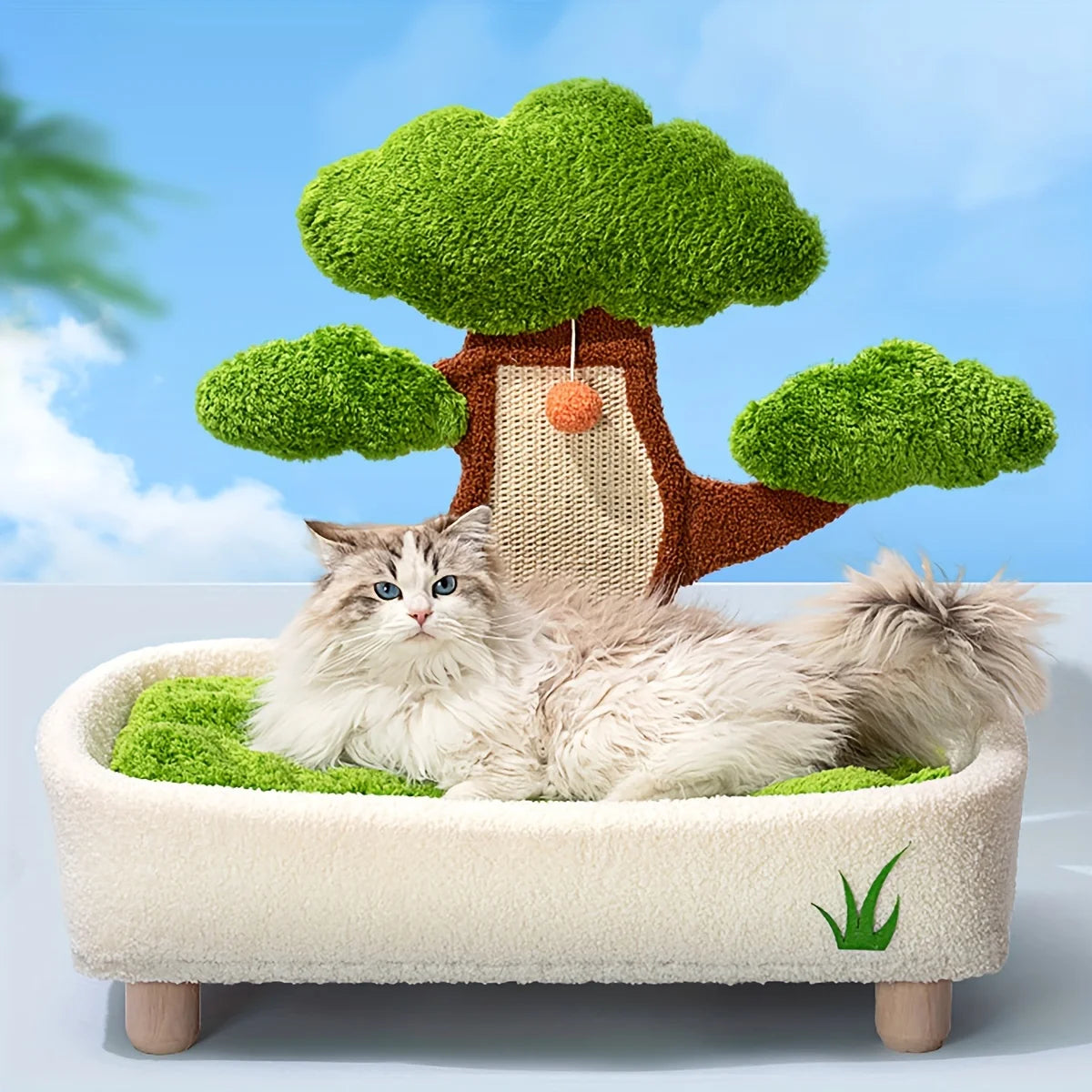 2-in-1 Cat Bed & Scratch Board Combo, Pine Tree Design Pet Furniture with Removable Washable Cushion, All-Season Warm Nest