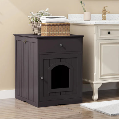 Wooden Brown Cat Litter Box Cabinet Furniture Enclosure With Drawer Side Table Pet House Nightstand For Indoor Cats Pet Toilet