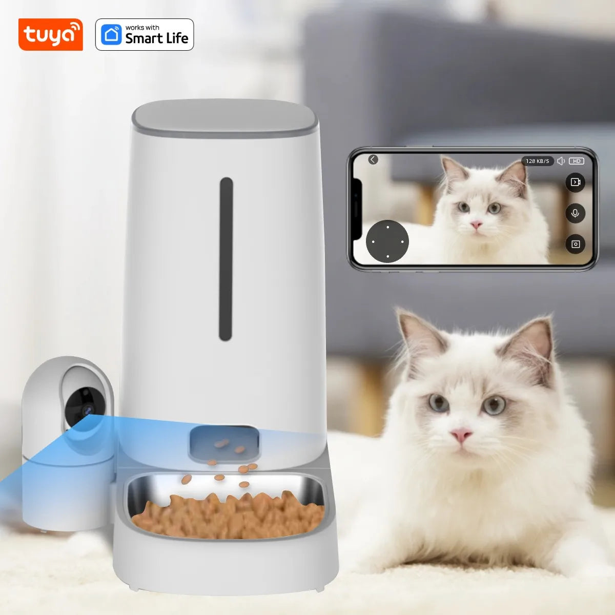 Tuya Smart Cat Food Dispenser Dog Feeder with Camera 2.4G WiFi 4L Motion Detection 3MP HD,Timed,MotionTracking Pet Feeder