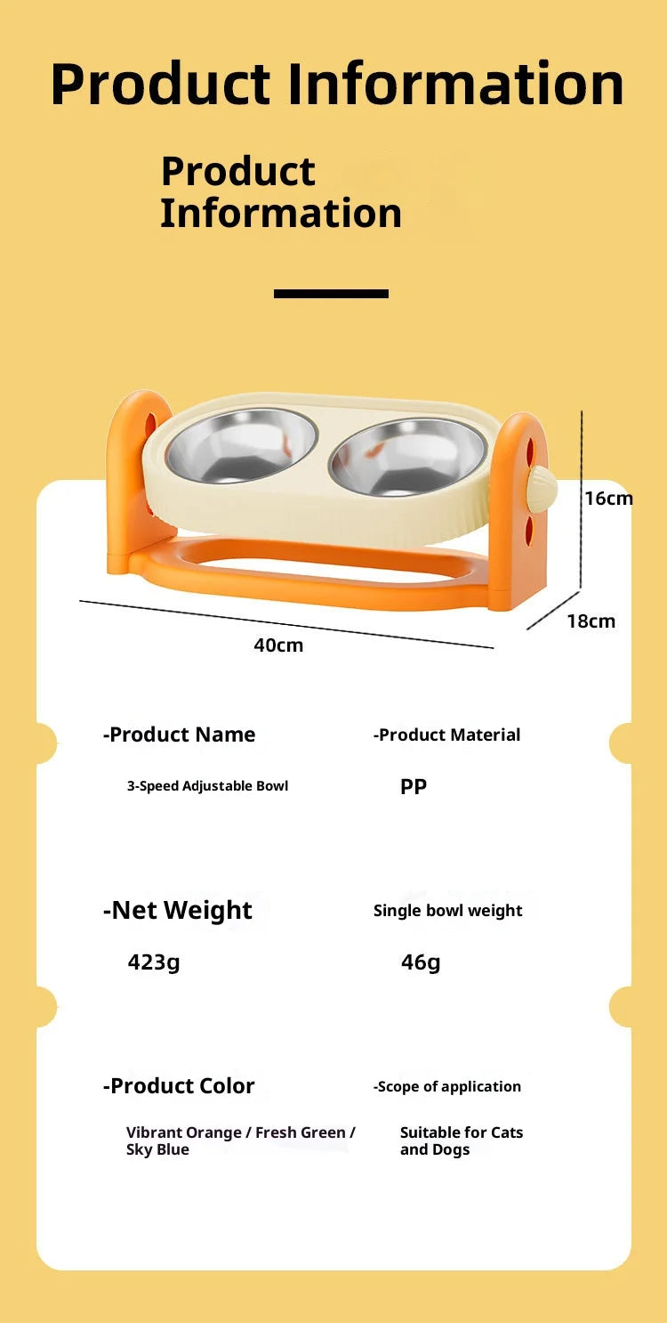 Adjustable Height Pet Bowl with Neck Support - Stainless Steel Dual Dish Anti-Slip Easy Clean Large Capacity Cat Dog Bowl