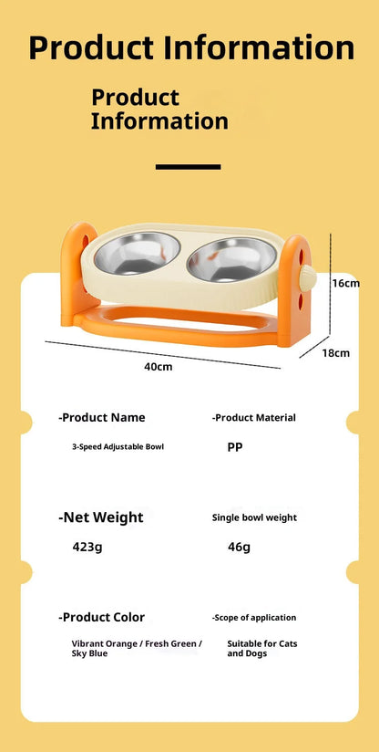 Adjustable Height Pet Bowl with Neck Support - Stainless Steel Dual Dish Anti-Slip Easy Clean Large Capacity Cat Dog Bowl