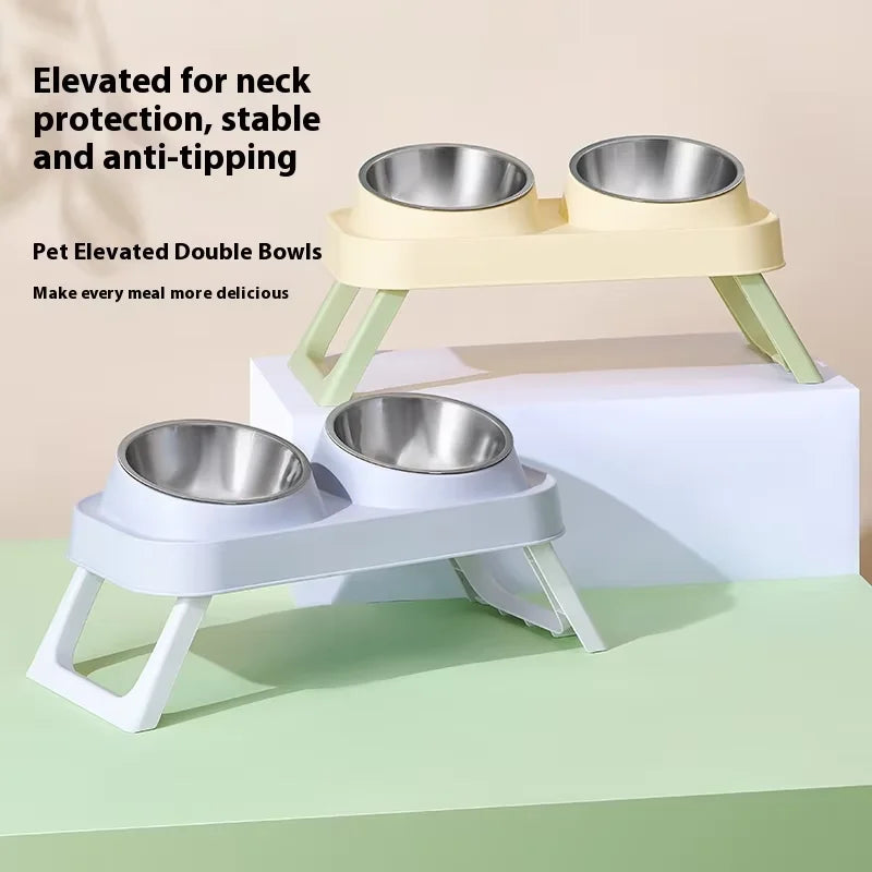 Stainless Steel Foldable Pet Bowl Double Dish - Elevated Feeder with Neck Support Anti-Tip Design for Cats Dogs