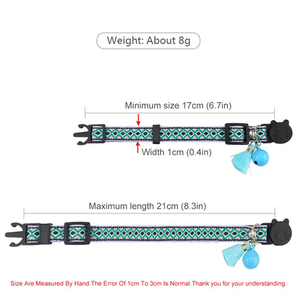 Adjustable Cat Collar Polyester Jacquard Pattern Pet Collar with Bell and Tassel Decoration for Cats and Small Dogs To Keep Lost