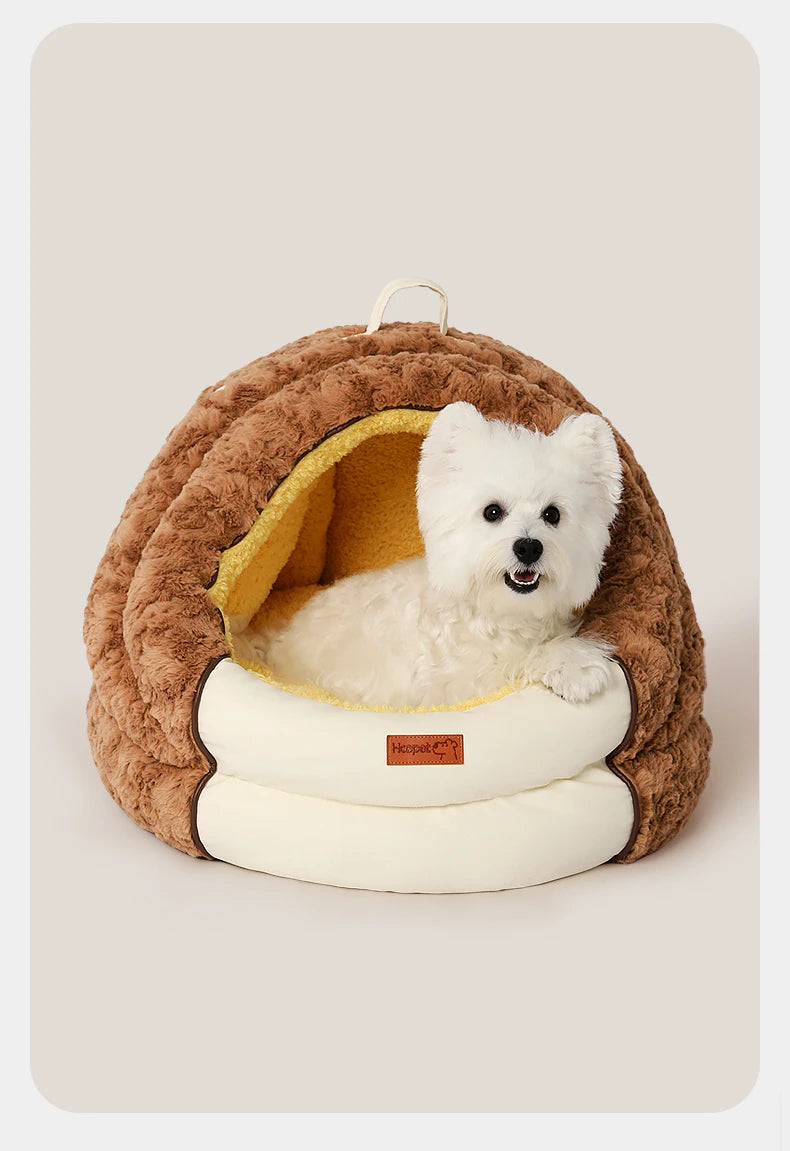 HOOPET Winter Dog Bed with Roof, Semi-Enclosed Warm House & Soft Pad, Plush Security Feeling Comfort Pet Nest for Small Dogs
