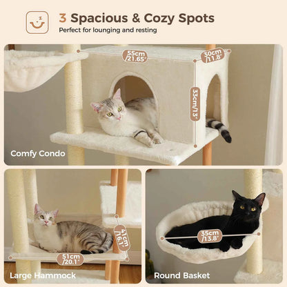 Multi-Level Cat Tree for Indoor Cats Tall Wooden Cat Tower with Sisal Scratching Post Spacious Hammocks Large Cat Condo Cat Toys