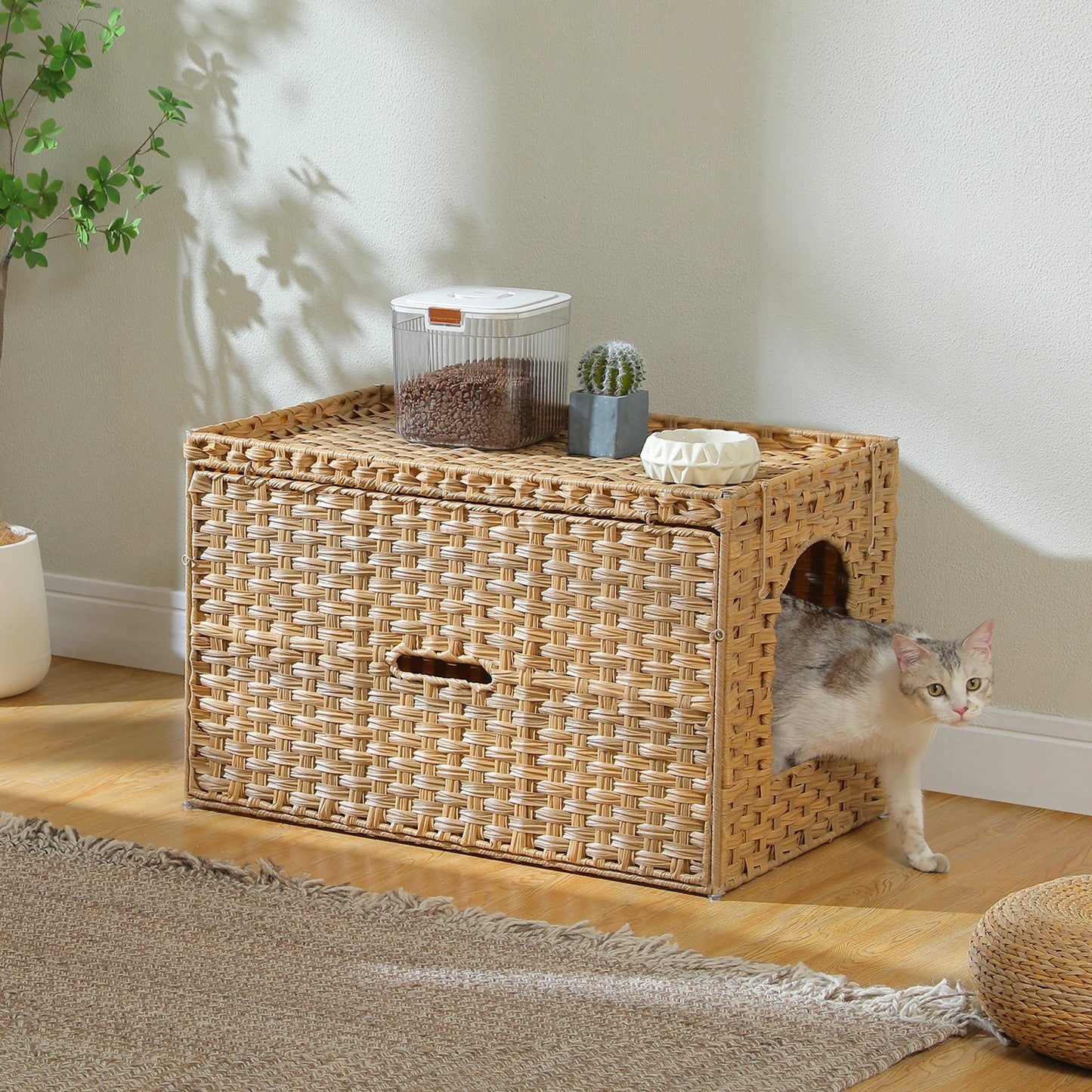 Rattan Cat Litter Box Enclosure Furniture with Door, Handwoven Rattan Hidden Litter Box Living Room Odor Control, Cat House Bed