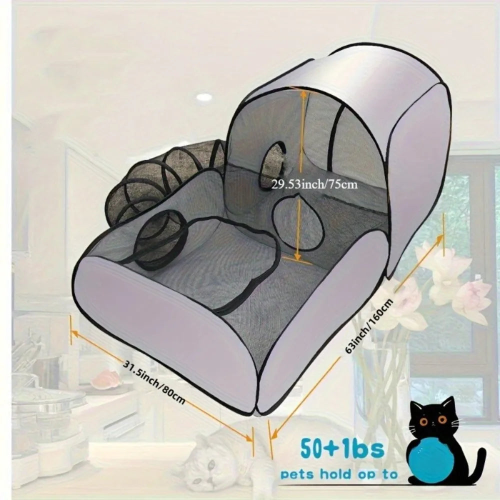 Foldable Cat Tent with Tunnel, Breathable Polyester Cat Cage Indoor Outdoor Playpen for Cats & Small Dogs