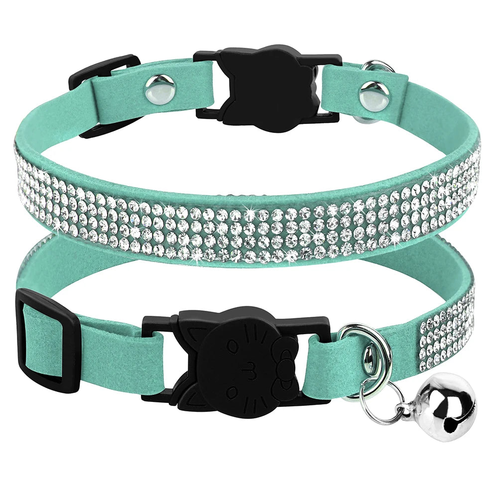 Soft Pink Suede Leather Cat Collar - Bling Rhinestone Design with Bell, Safety Breakaway & Adjustable XS/S for Cats & Puppies