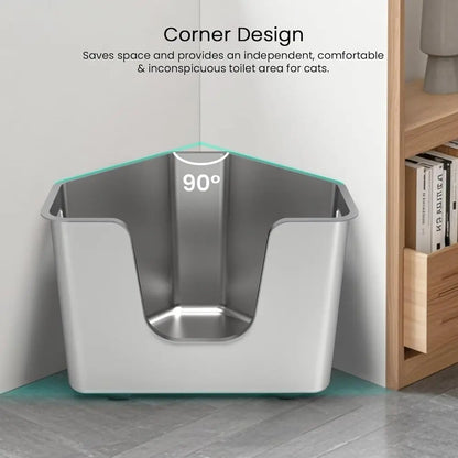 Corner Metal Cat Litter Box with High Sides, One-Piece Design, Easy Clean, Non-Stick, Odor-Free for Small to Medium Cats