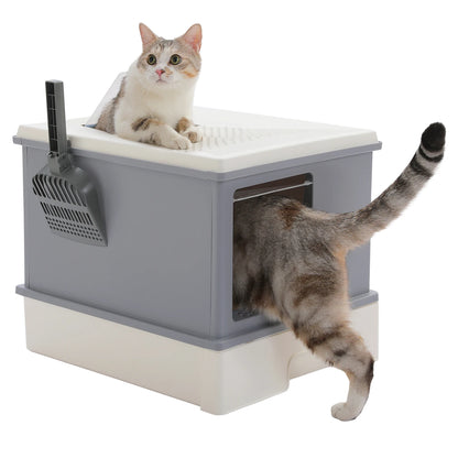 Enclosed Cat Litter Box with Scoop, Large Litter Box for Indoor, Cat Toilet with Lid, Pull-Out Drawer, Top Exit Anti-Tracking