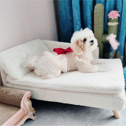 Luxury Elevated Dog Sofa Bed with Backrest Plush Cushion Wooden Legs Raised Dog Bed Lounger Chair for Small Medium Dog Cat Chair