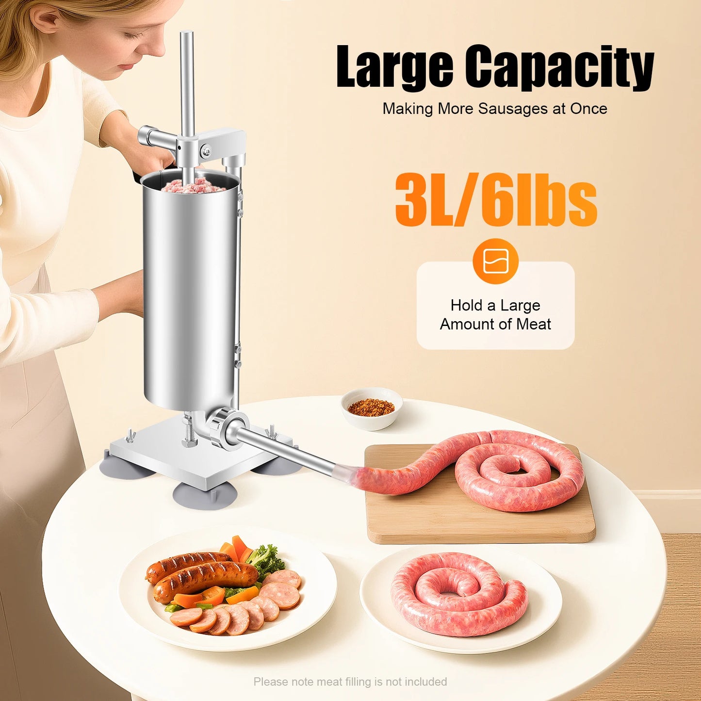 3L Vertical Manual Sausage Stuffer Machine Stainless Steel Sausage Maker with 4 Steel Tubes&7 PE Tubes Sausage Meat Filling Tool