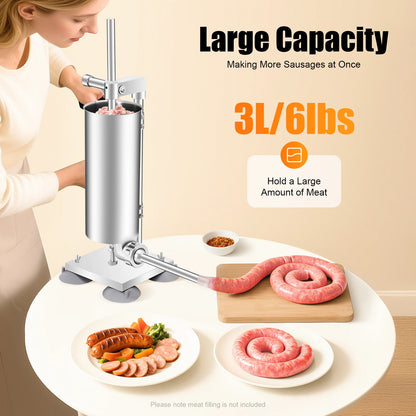 3L Vertical Manual Sausage Stuffer Machine Stainless Steel Sausage Maker with 4 Steel Tubes&7 PE Tubes Sausage Meat Filling Tool