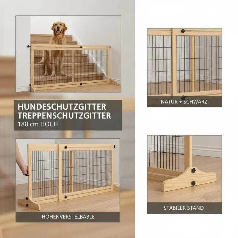 Freestanding Dog Gate, Foldable Pet Fence, Indoor Wood Barrier, Stair Gate with Support Feet, for Doorway, Hallway, Small and Medium Dogs, 69H x 104-183 cm, Natural Wood Finish