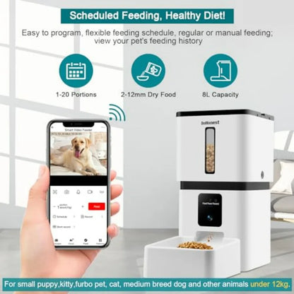 Automatic Dog Feeder with Camera for Home Use: 5G WiFi Connectivity Easy Setup 8L Capacity Motion Detection Smart Cat Food Disp