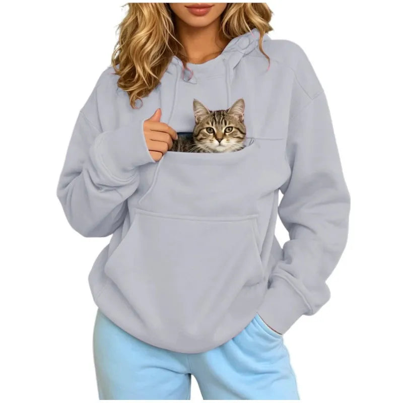 Pet Lover Sweatshirt Women Pet Carrier Hoodie With Pet Pocket Drawstring Long Sleeve Cat Dog Holding Pullover Solid Loose Casual