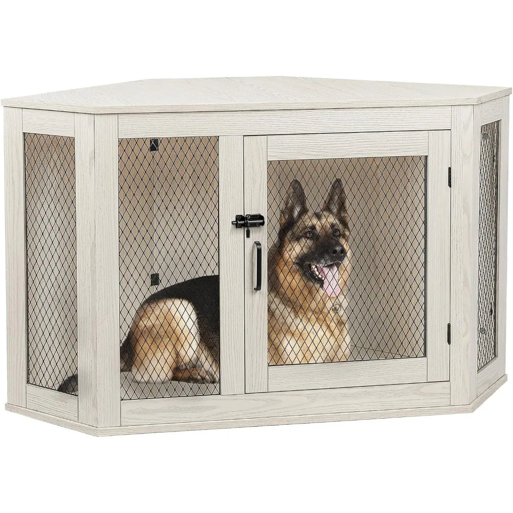 Masterpiece  52 Inch Corner Dog Crate Furniture,Wooden Dog Kennel Furniture With Mesh,Decorative Wood Dog House For Small