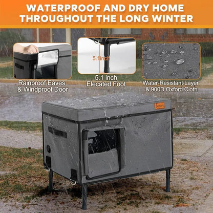 Weatherproof Outdoor Heated Cat House with 5.1 Elevated Shelter and Insulated Bed for Winter Protection