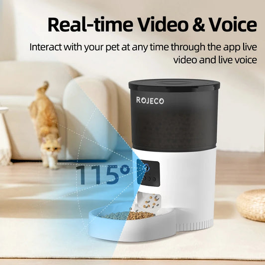 ROJECO Automatic Cat Feeder With Camera Video Cat Food Dispenser Pet Smart Voice Recorder Remote Control Auto Feeder For Cat Dog - Pet Suppie