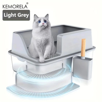 Extra Large 20L Stainless Steel Cat Litter Box With Stair Foot Pad Splash-Proof Easy To Clean Odorless Toilet Cat Litter Box