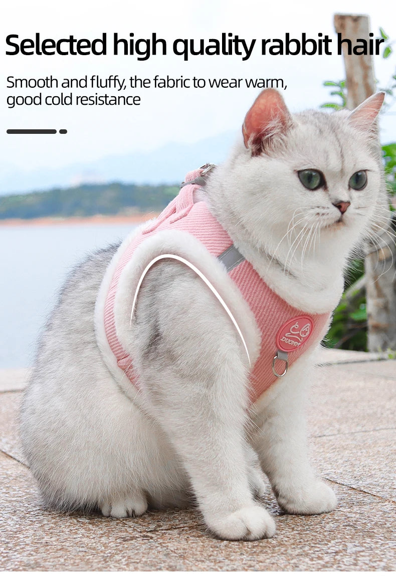 Cat Winter Small Dog Harness Leash Rabbit Plush Reflective Pet Harness Vest-Style Puppy Outdoor Dog Lead Walking Cat Windproof