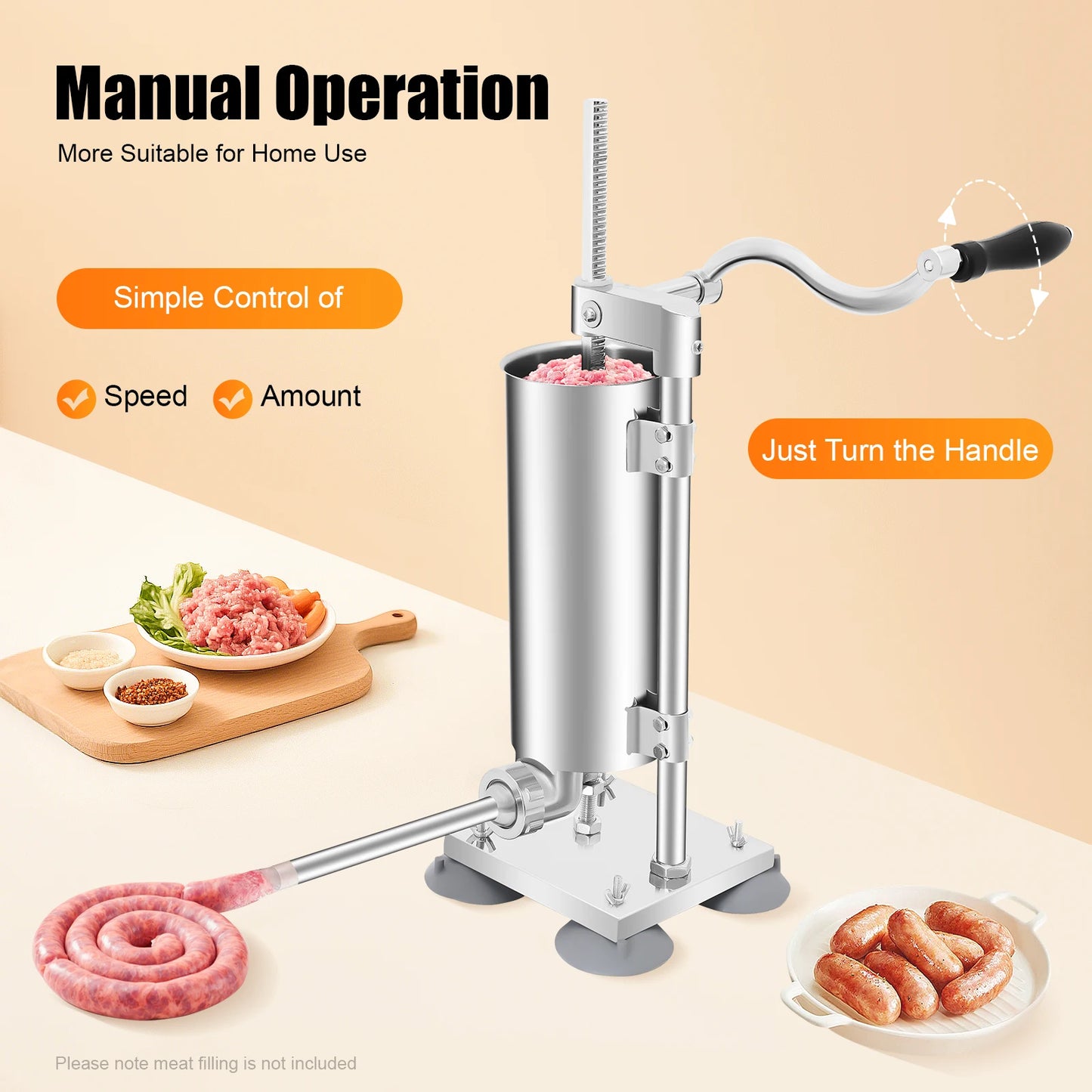 3L Vertical Manual Sausage Stuffer Machine Stainless Steel Sausage Maker with 4 Steel Tubes&7 PE Tubes Sausage Meat Filling Tool