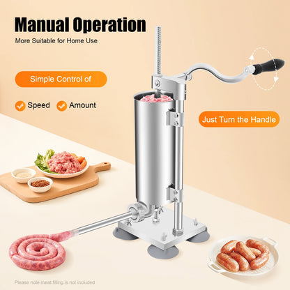 3L Vertical Manual Sausage Stuffer Machine Stainless Steel Sausage Maker with 4 Steel Tubes&7 PE Tubes Sausage Meat Filling Tool