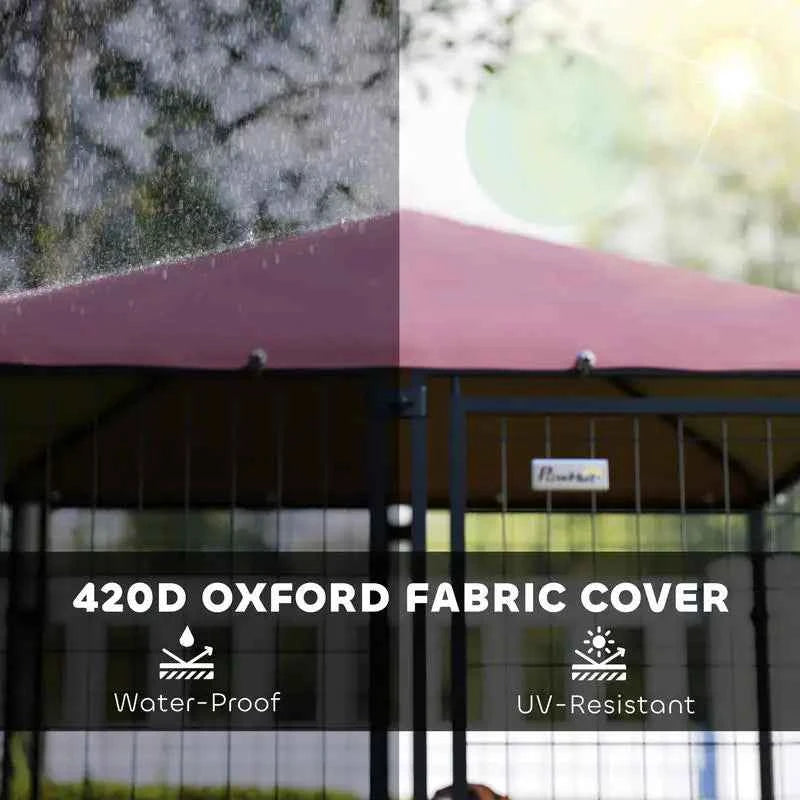 Welded Wire Outdoor Dog Kennel with 360° Rotating & 4 Levels Adjustable Bowls, Waterproof Cover, 4.6' x 4.6' x 5'
