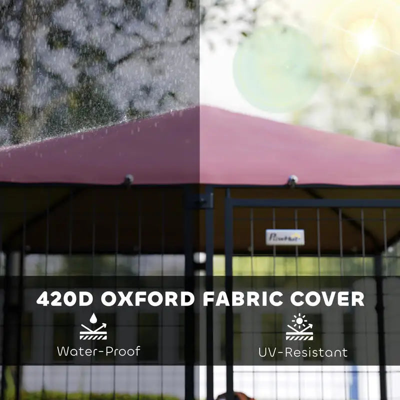 Welded Wire Outdoor Dog Kennel with 360° Rotating & 4 Levels Adjustable Bowls, Waterproof Cover, 4.6' x 4.6' x 5'