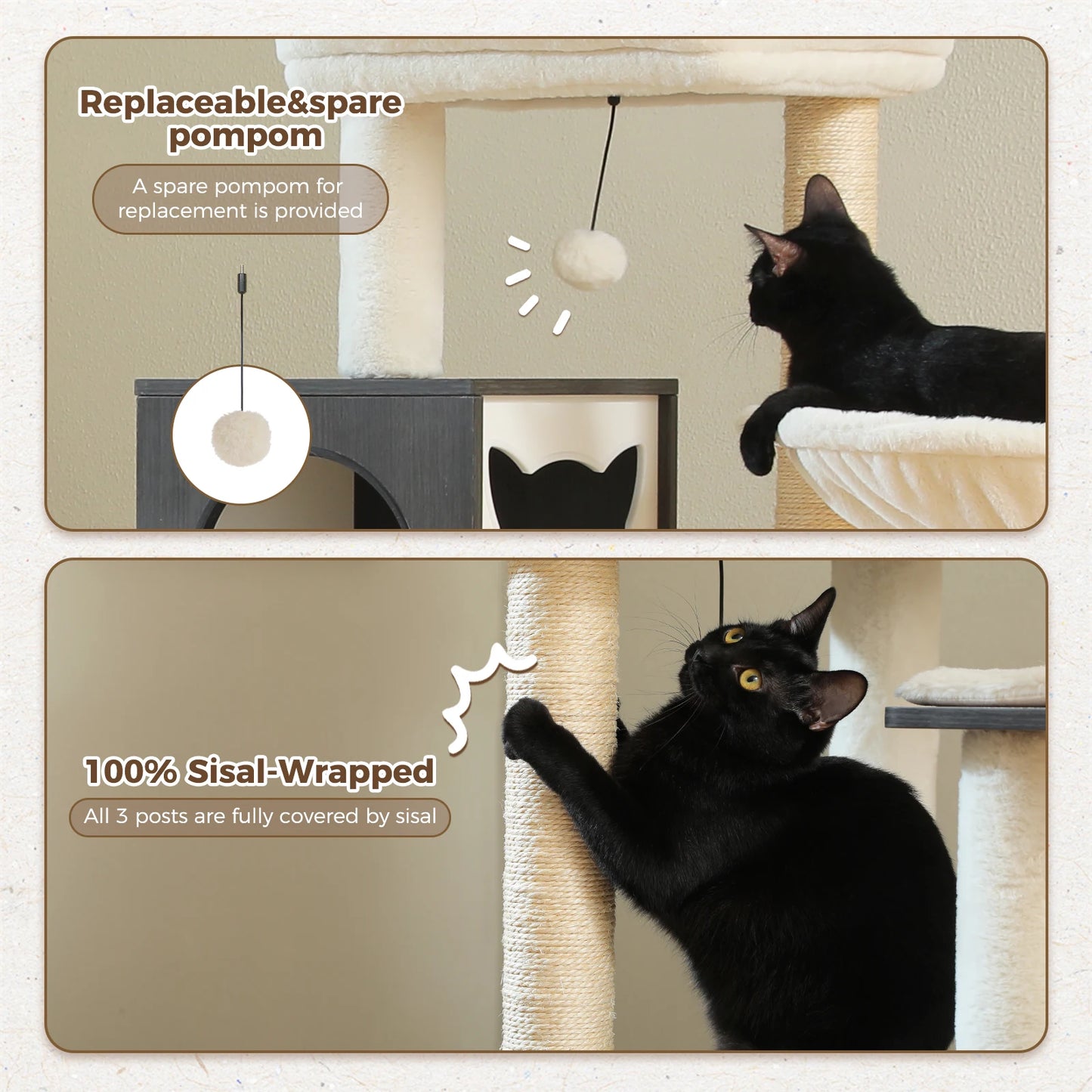 Wood Cat Tree with Storage Cabinet Sisal Scratching Posts Cozy Condo Hammock Dangling Balls Large Cat Tower for Indoor Pet Furniture Cat Toys