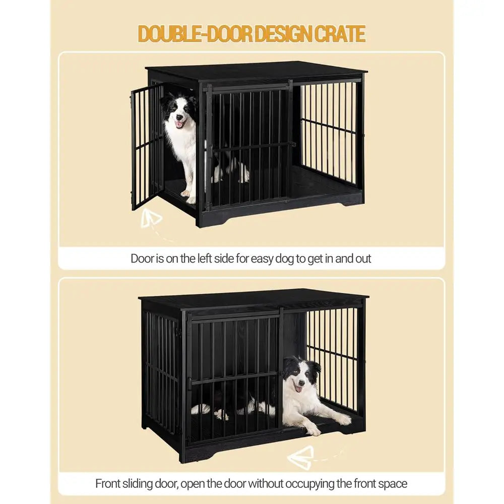 Large Dog Crate Furniture, 44.1 Indoor Kennel with Barn Door, Wooden Tall Dog Cage, Heavy Duty for Large Dogs, Side End Table, A