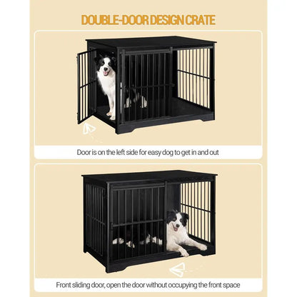 Large Dog Crate Furniture, 44.1 Indoor Kennel with Barn Door, Wooden Tall Dog Cage, Heavy Duty for Large Dogs, Side End Table, A
