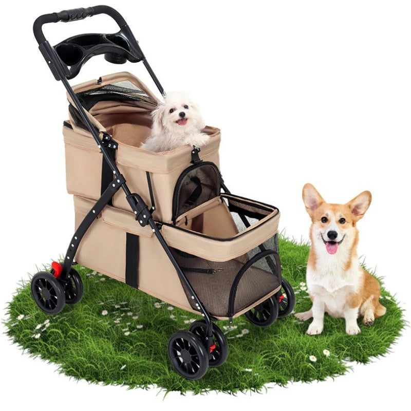Double Decker Pet Stroller for 2 Dogs Cats, Lightweight Foldable Travel Carrier, Detachable Upper/Lower Pet Trolley for Outdoor