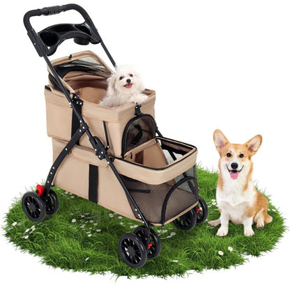 Double Decker Pet Stroller for 2 Dogs Cats, Lightweight Foldable Travel Carrier, Detachable Upper/Lower Pet Trolley for Outdoor