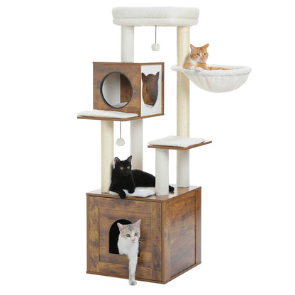 Wood Cat Tree with Storage Cabinet Sisal Scratching Posts Cozy Condo Hammock Dangling Balls Large Cat Tower for Indoor Pet Furniture Cat Toys