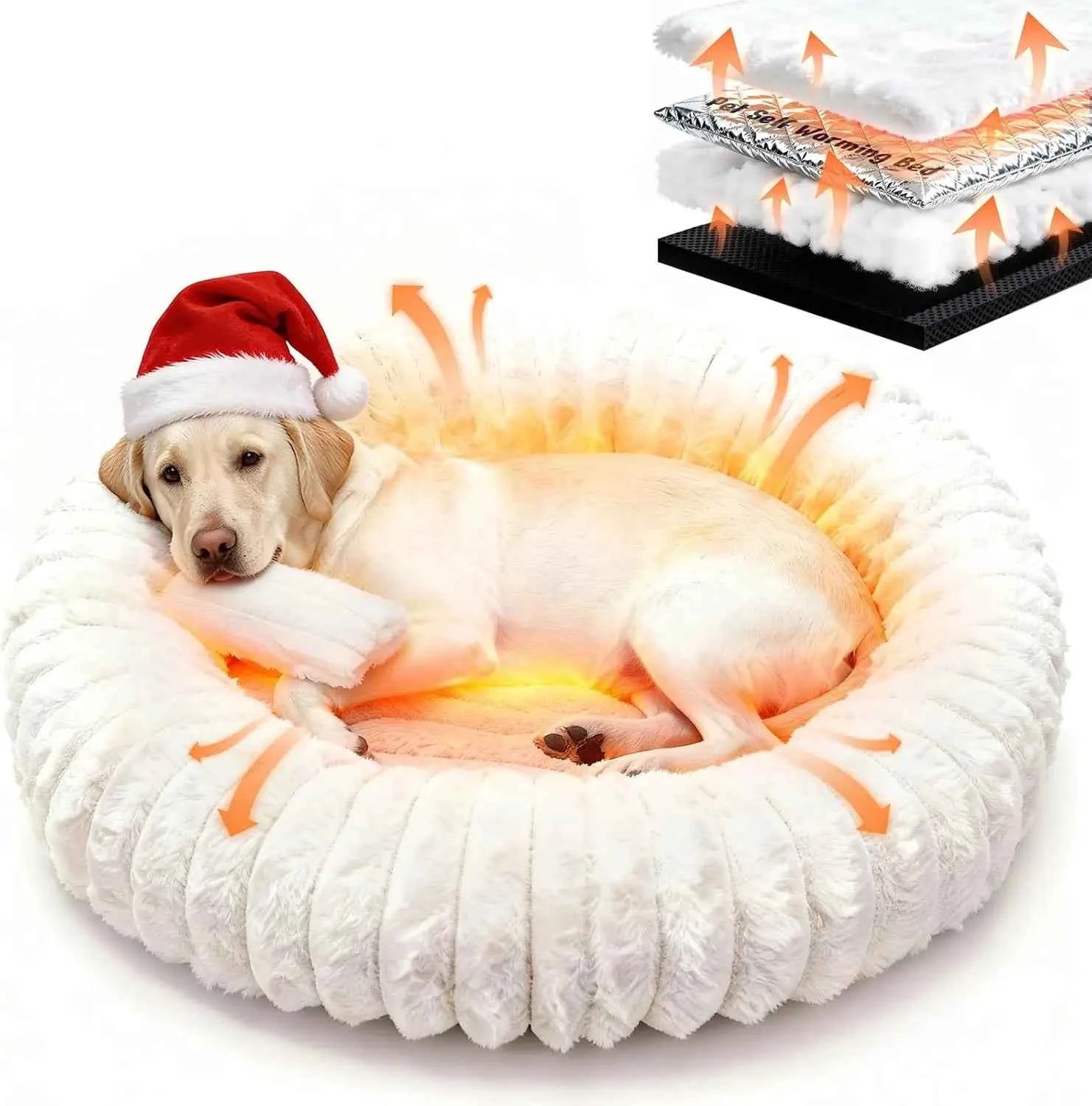 Self-Warming Donut Dog Bed for Large Dogs, Removable Cover, Egg Tart Design, Cozy Winter Pet Bed
