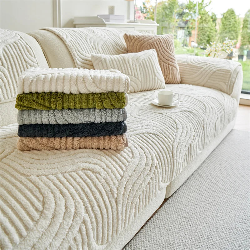 Tuffed Fleece Jacquard Sofa Cover, Winter Thickened Slipcover Soft and Comfortable Modern Fleece Non-Slip Sofa Towel