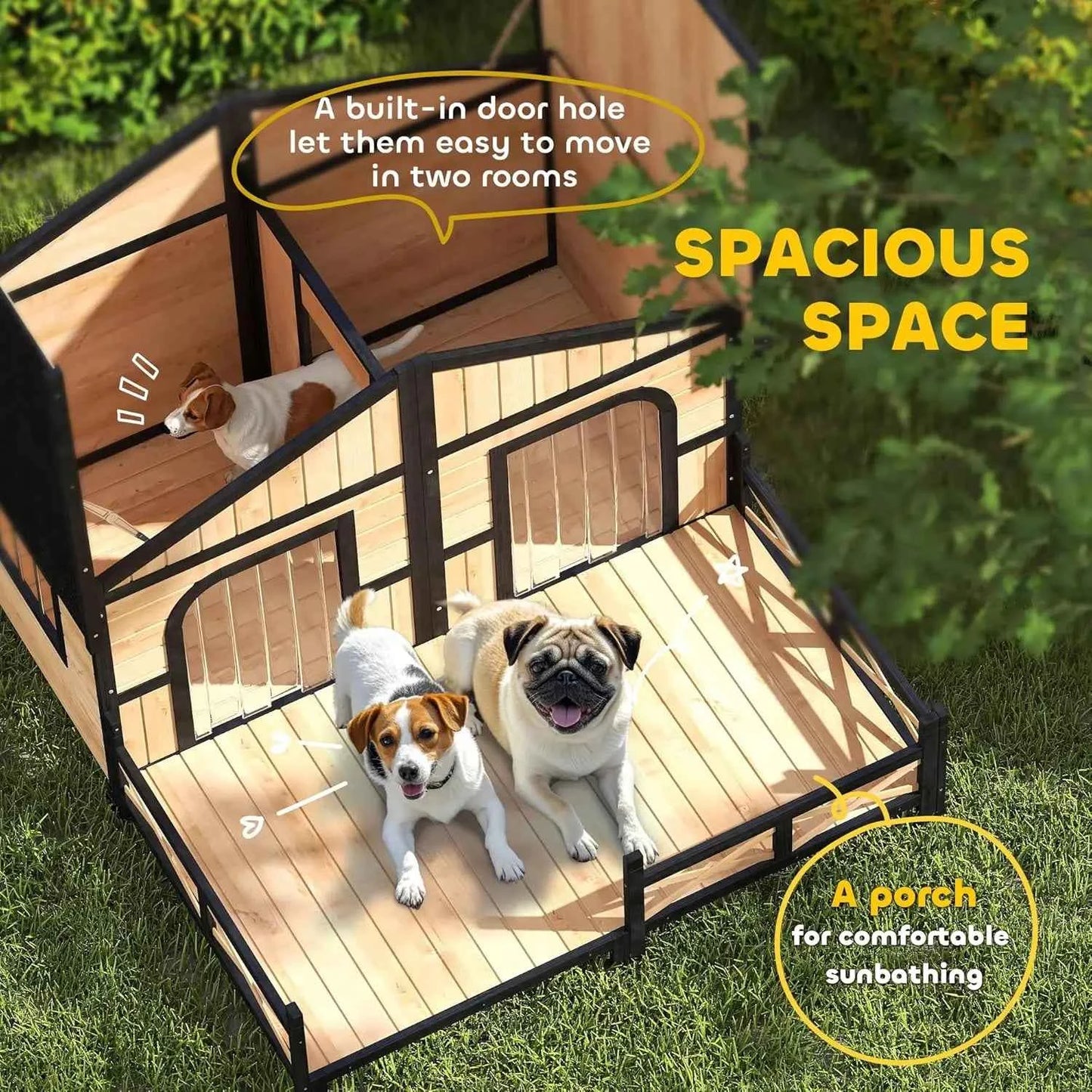 Dog House Outdoor, Wooden Dog Kennel Weatherproof with Porch, Openable Roof, Removable Bottom, Elevated Floor, Double Roo