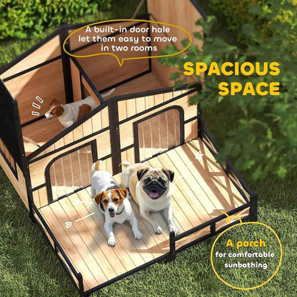 Dog House Outdoor, Wooden Dog Kennel Weatherproof with Porch, Openable Roof, Removable Bottom, Elevated Floor, Double Roo