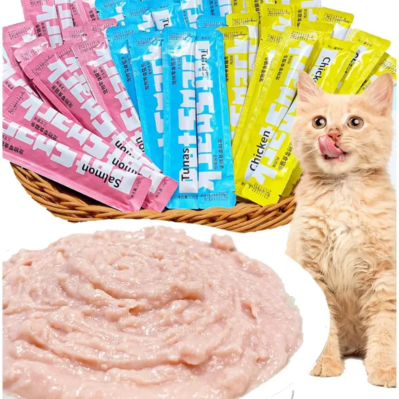 10Piece/2Pack Pet Snacks Cat Strips Young Cat Wet Food Pack Nutrition Chicken Cod Salmon Formula Mixed Flavor Cat Liquid Snacks