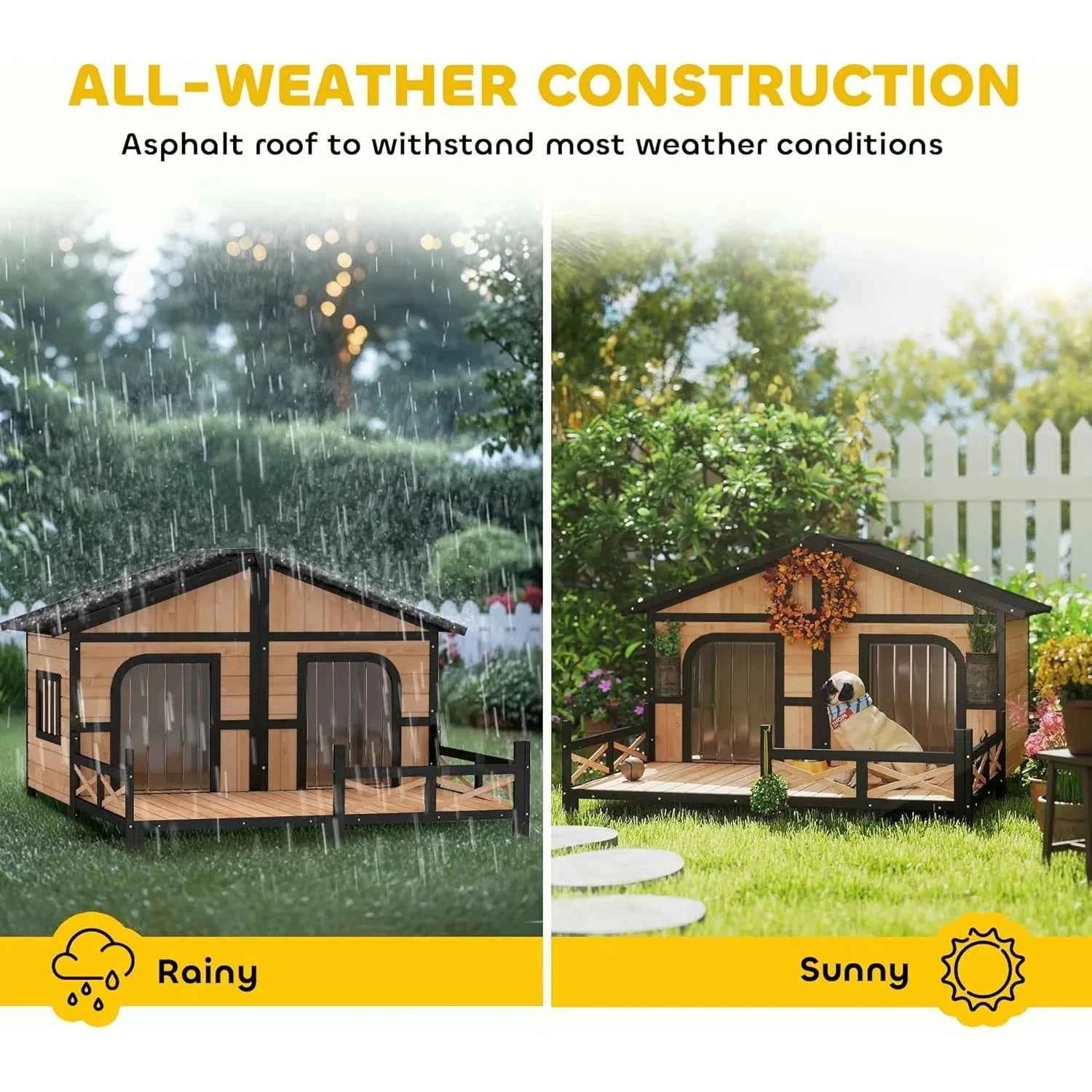 Dog House Outdoor, Wooden Dog Kennel Weatherproof with Porch, Openable Roof, Removable Bottom, Elevated Floor, Double Roo