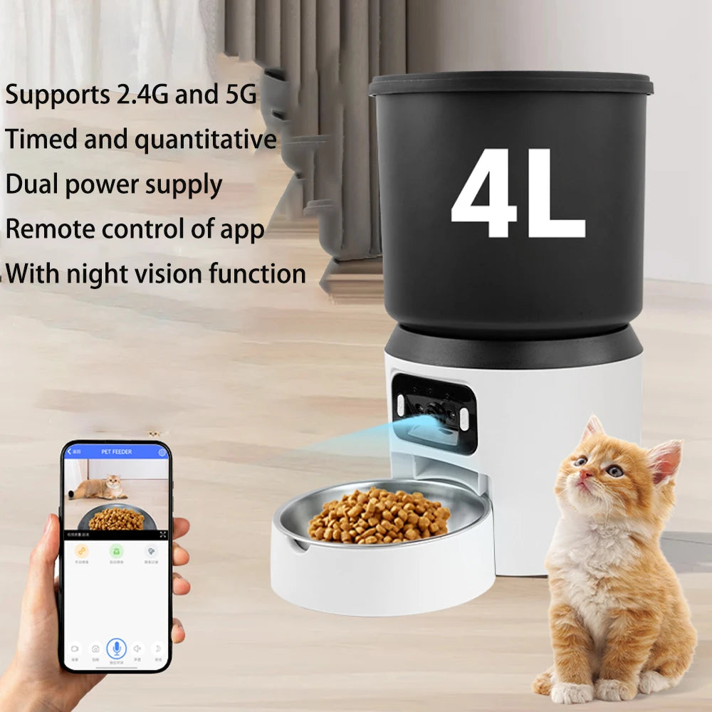 4L Pet Feeder Button WiFi Camera Automatic Cat Feeder Smart Dog Food Dispenser WiFi Timing Video Stainless Steel Feeding Bowl