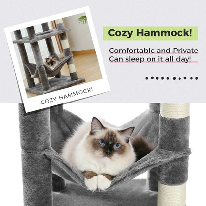 Multi-Level Cat Tree with Scratching Posts, Cozy Hammock, Plush Cat Tower for Indoor, Cat Condo Bed, Cat Accessories, Cat Toys