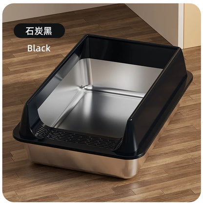 Premium Stainless Steel Cat Litter Box Semi-Enclosed Anti-Splash Cat High Rim Paw Clean Grid Multi Size Kitten Large Cat Toilet
