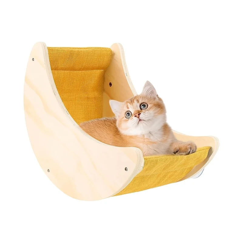 Hanging Cat Bed Hammock with Suction Cups Window Mounted Pet Swing for Cats Wooden Cat Cradle Space-Saving Wall Furniture