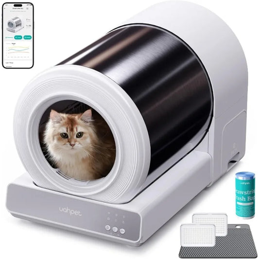 Uahpet Stainless Steel Self Cleaning Cat Litter Box, Automatic Cat Litter Box with APP Control, Lower Entry, Safety Sensors