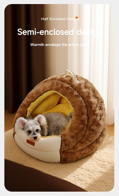 HOOPET Winter Dog Bed with Roof, Semi-Enclosed Warm House & Soft Pad, Plush Security Feeling Comfort Pet Nest for Small Dogs