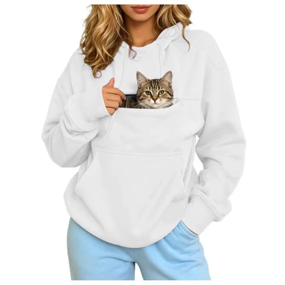 Pet Lover Sweatshirt Women Pet Carrier Hoodie With Pet Pocket Drawstring Long Sleeve Cat Dog Holding Pullover Solid Loose Casual