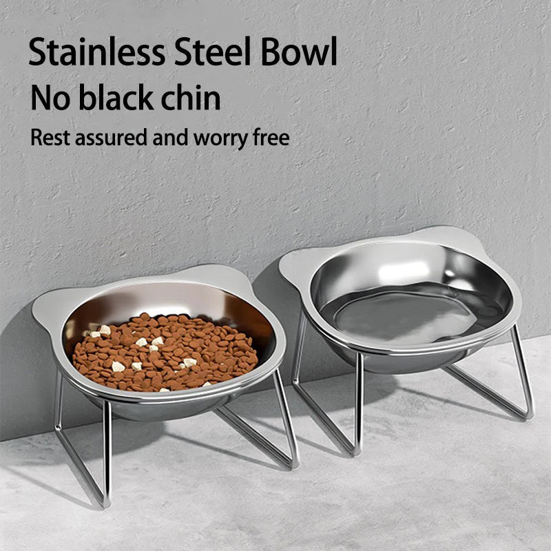 Stable Raised Cat Bowls Elevated 15° Neck Guard Dog Bowls Shatter-resistant 304 Stainless Steel Cat Food Bowl for Puppy and Cat